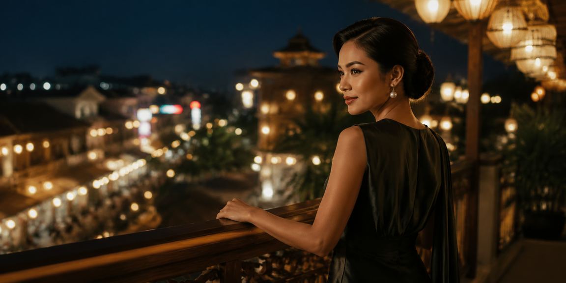 Model perempuan menunjukkan bonus VIP dengan tampilan elegan dan ekspresi percaya diri