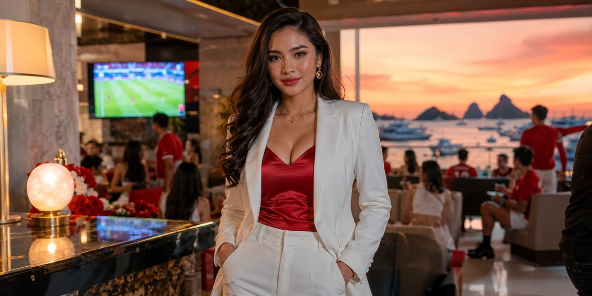 Wanita menikmati hiburan entertainment kasino dengan senyum percaya diri di lingkungan modern