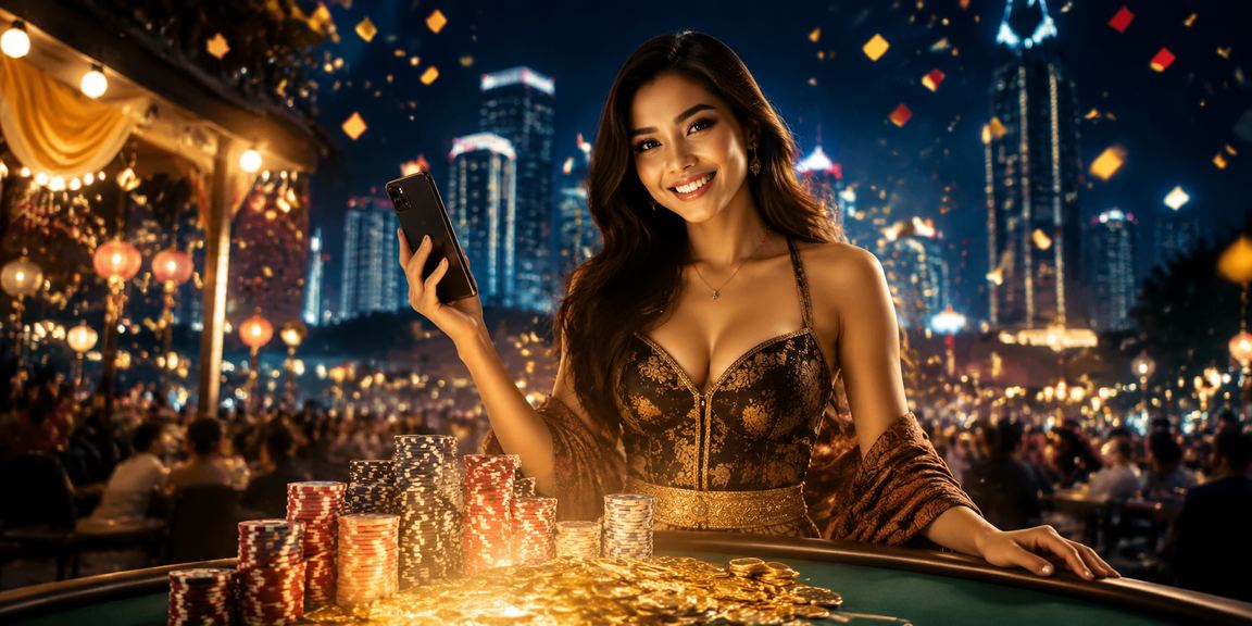 Suasana kasino mobile di pasar malam dengan cahaya warna-warni yang meriah